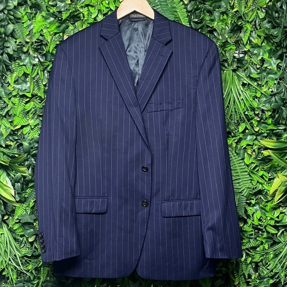 Ralph Lauren Blazer Men 42R Navy Pinstripe Suit Jacket 100% Wool Natural Stretch